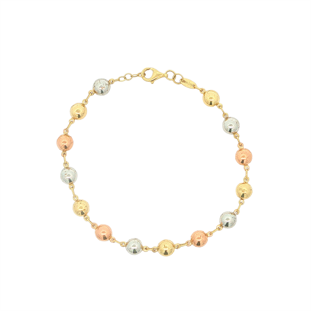 10KT Yellow, White and Rose Gold Stationed Bead Bracelet 7.5"