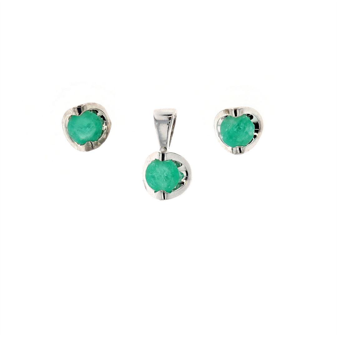 10KT White Gold Emerald Stud Earrings and Matching Necklace