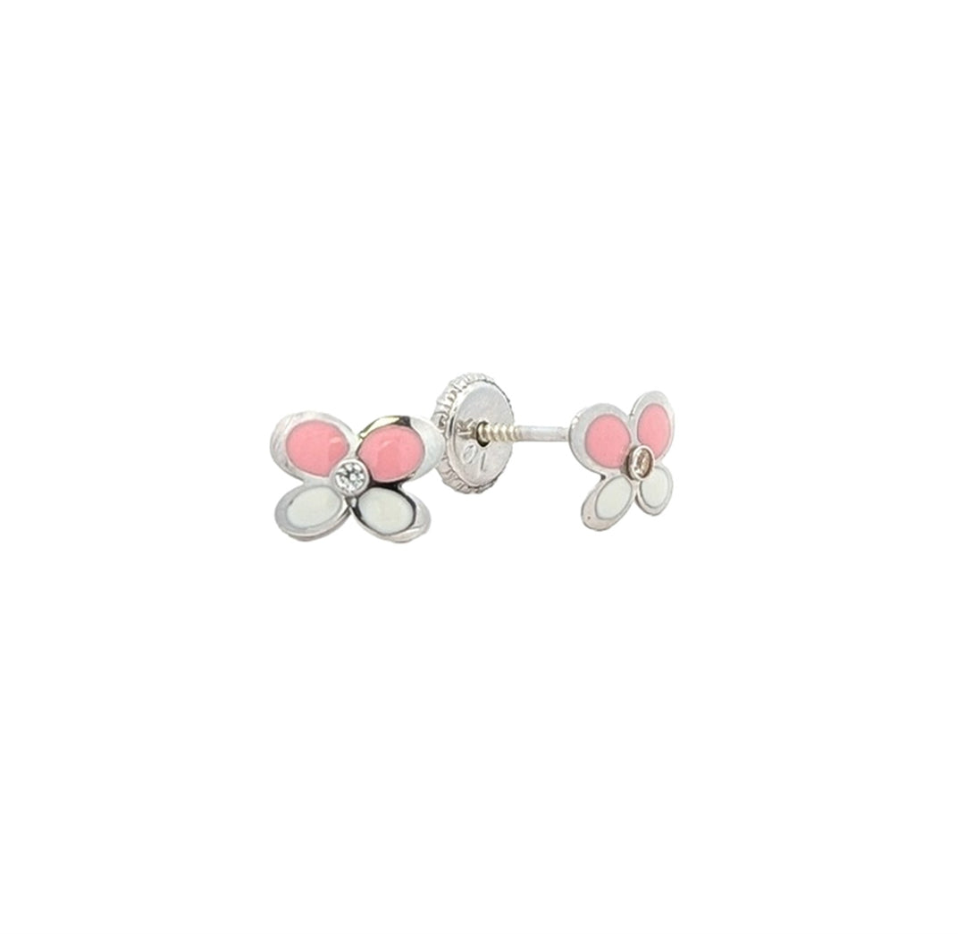 10K White Gold Pink & White Butterfly Children's Stud Earrings