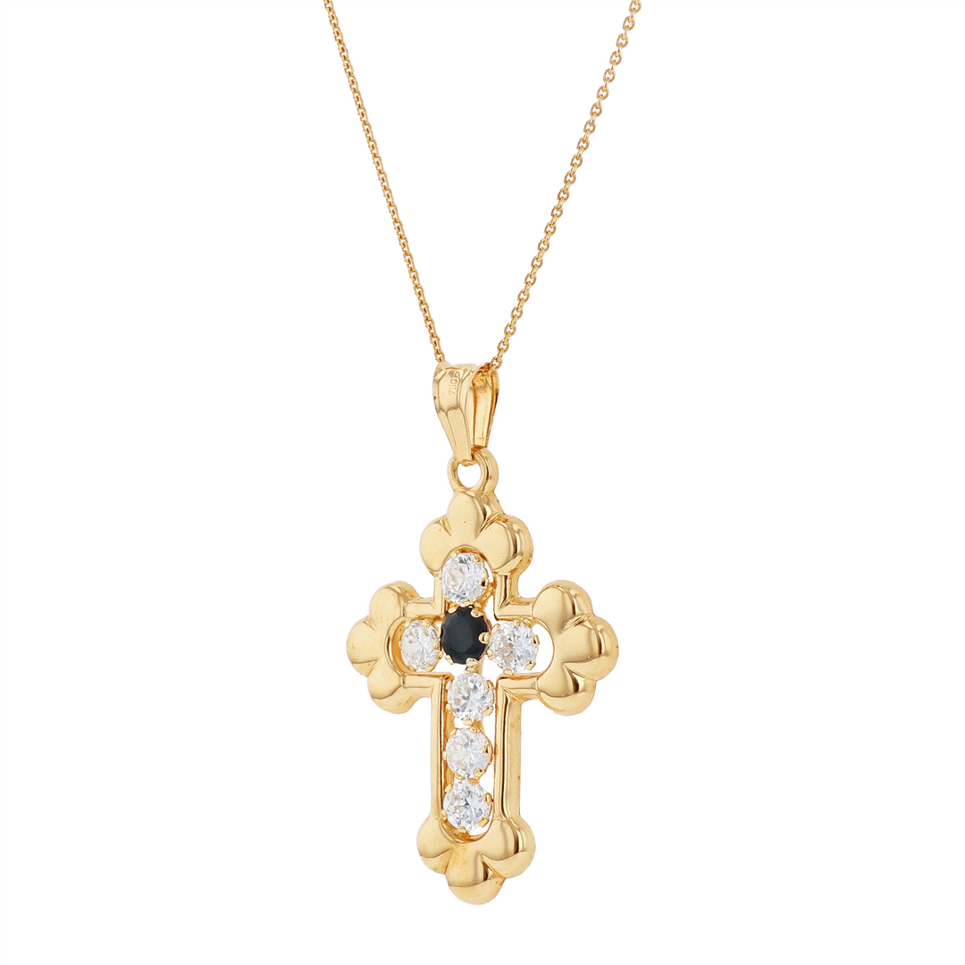 18KT Yellow Gold Sapphire and Cubic Zirconia Estate Cross Pendant on Rolo Chain 18"