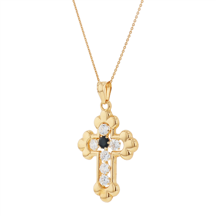 18KT Yellow Gold Sapphire and Cubic Zirconia Estate Cross Pendant on Rolo Chain 18"