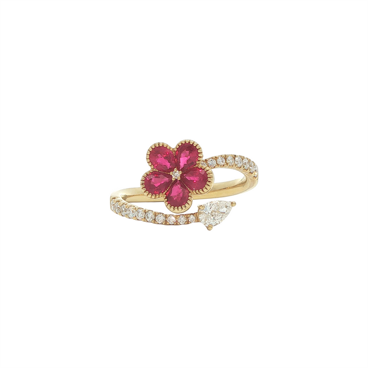 18K Yellow Gold Ruby 0.41ctw Diamond Flower Ring