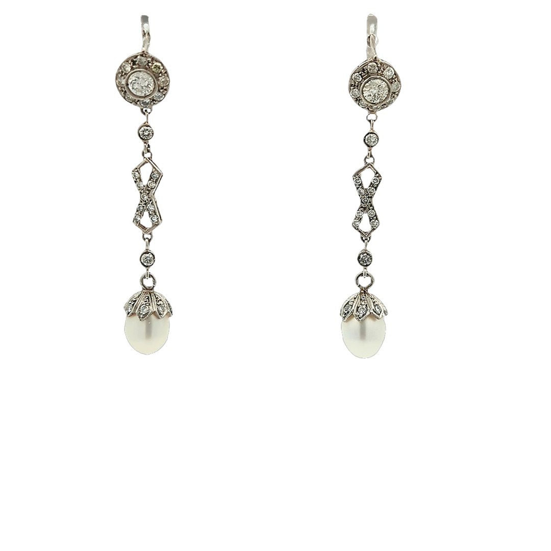 Platinum Akoya Pearl and 1.30ctw Diamond Drop Earrings