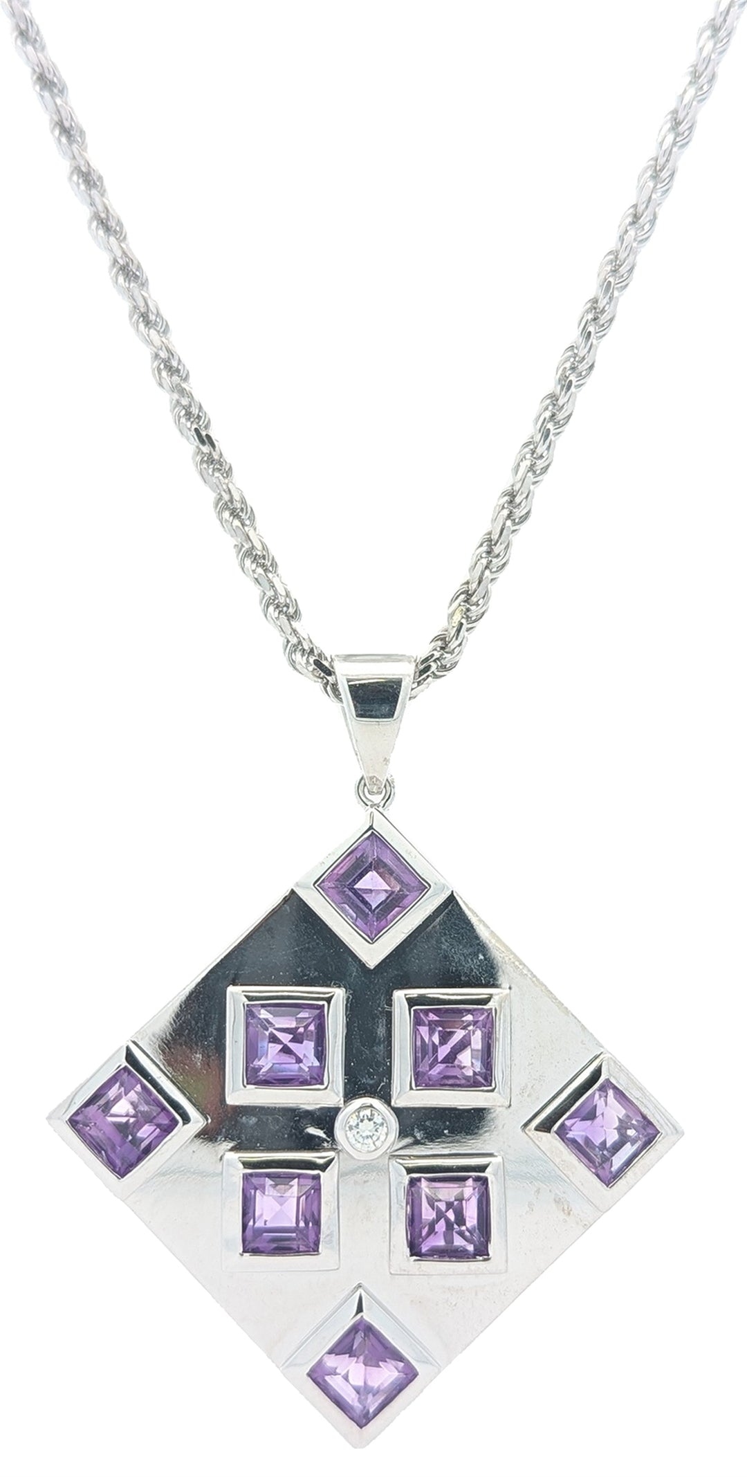 14KT White Gold Natural Amethyst and 0.06ctw Diamond Estate 30" Estate Necklace