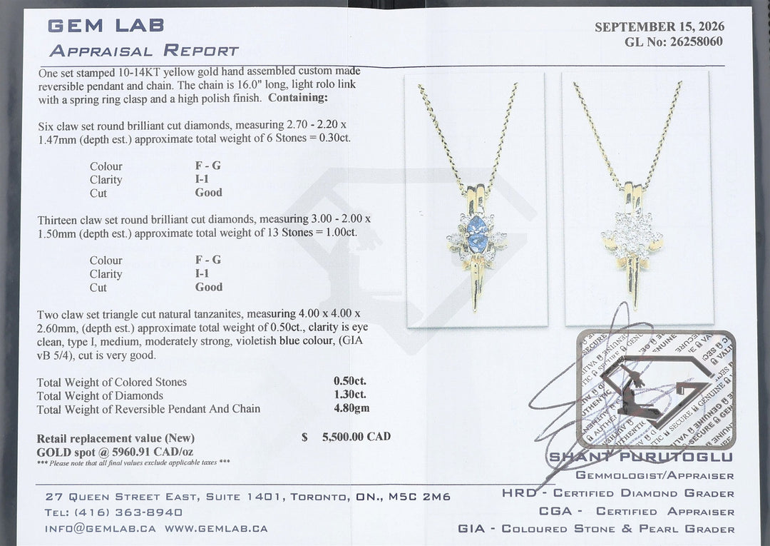 10-14KT Yellow Gold Reversible Tanzanite and 1.30ctw Diamond Estate Pendant on a Rolo Chain 16"
