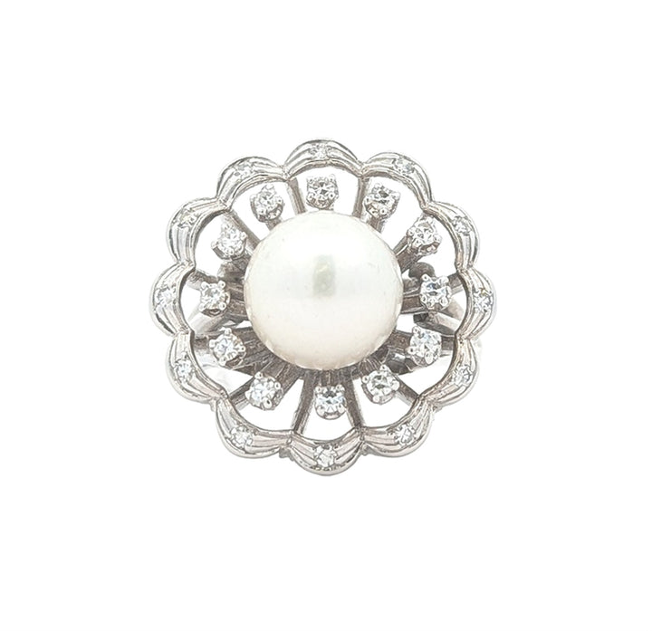 14KT White Gold Akoya Cultured Pearl Diamond Estate Cocktail Ring