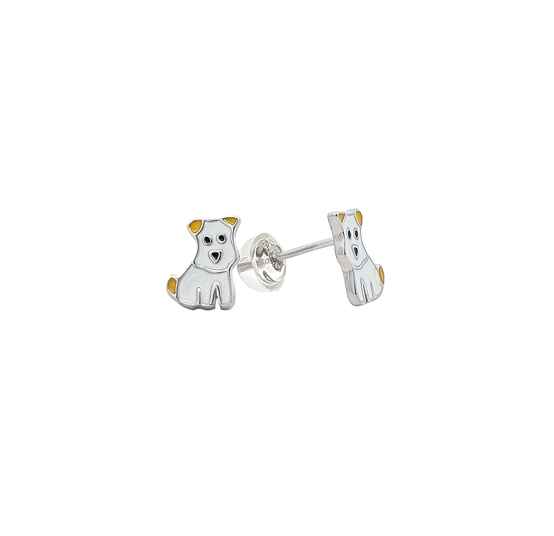 Sterling Silver Enamel White Dog Children's Stud Earrings