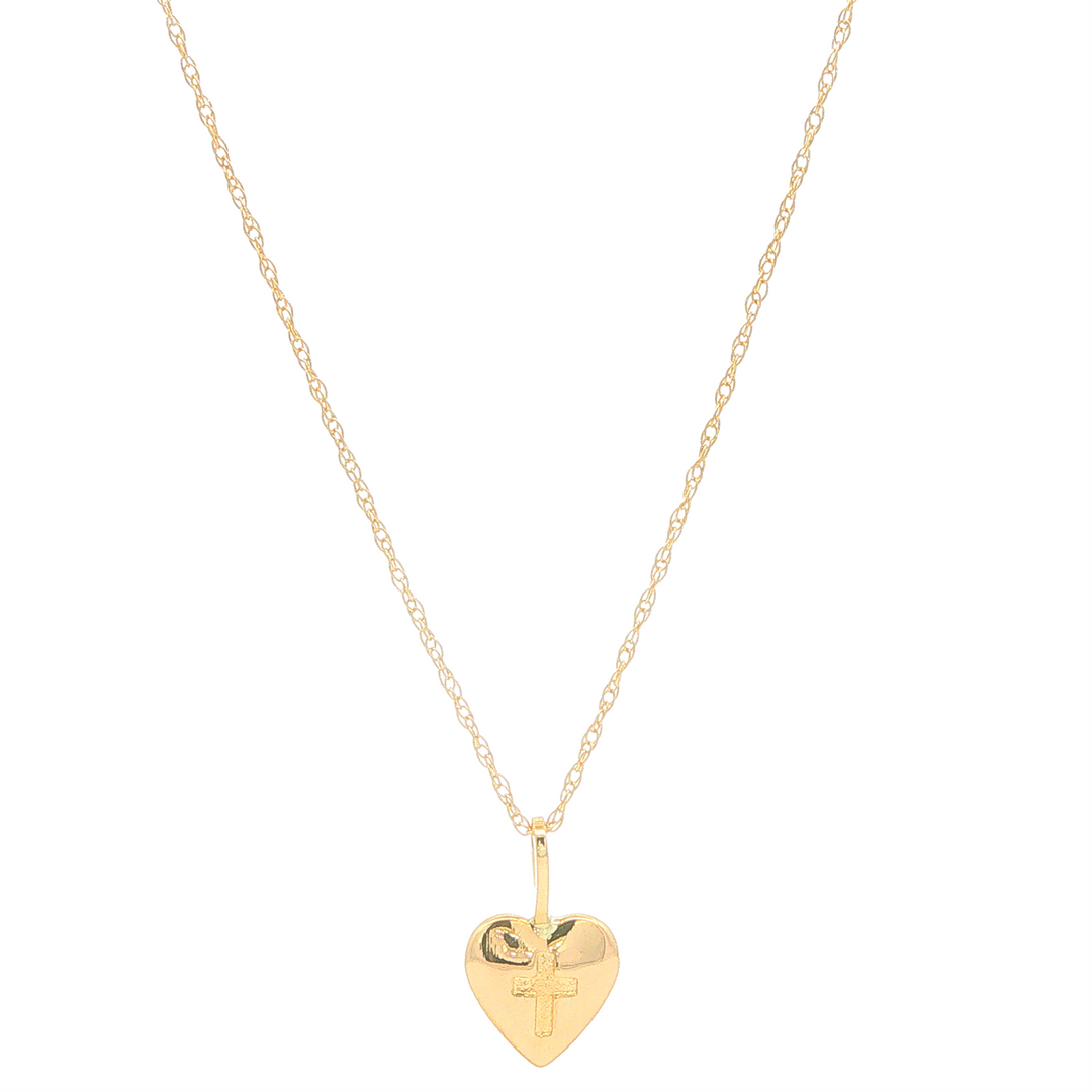 14KT Yellow Gold Cross In Heart Children's Pendant on 15" Chain