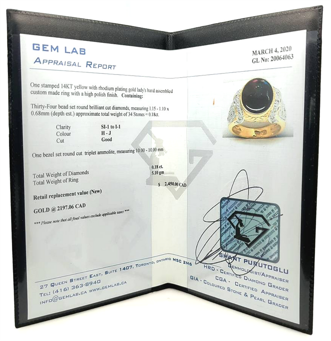 14KT Yellow and White Gold Tri-Colour Ammolite and 0.18ctw Diamond Estate Ring