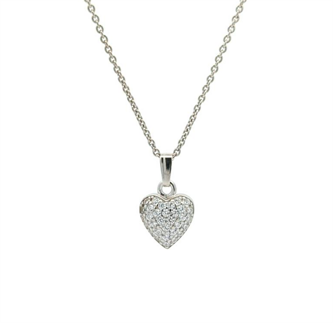 Sterling Silver Solid Heart CZ 15" Children's Necklace
