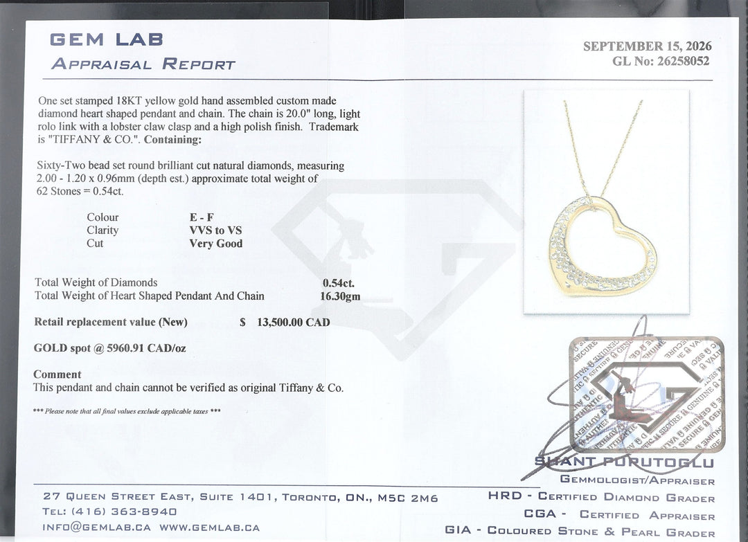 18KT Yellow Gold Estate 0.54ctw Diamond "Tiffany & Co." Heart Shaped Pendant and Rolo Chain 20"