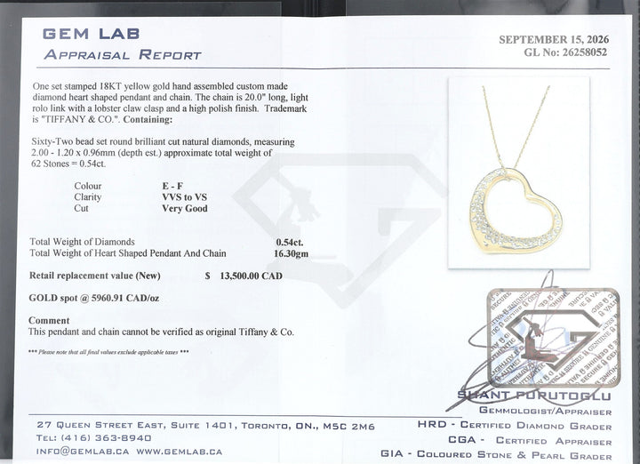 18KT Yellow Gold Estate 0.54ctw Diamond "Tiffany & Co." Heart Shaped Pendant and Rolo Chain 20"