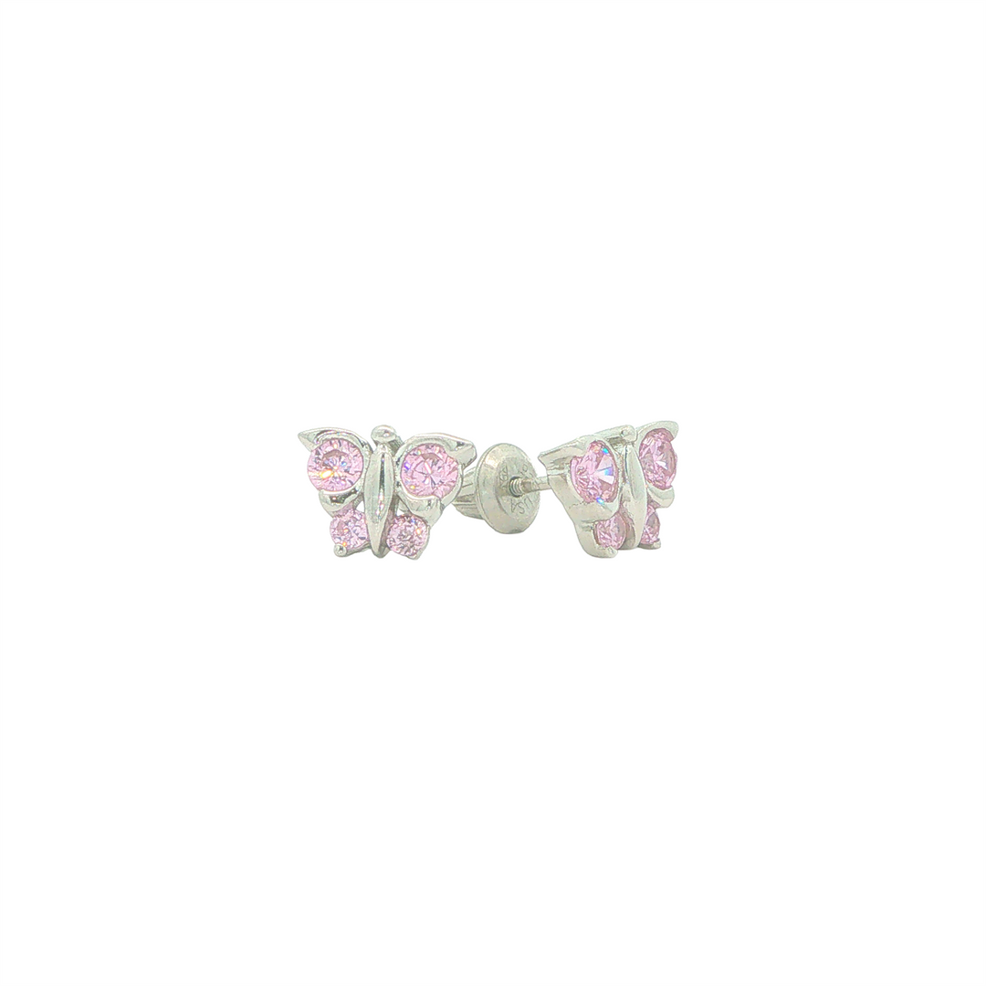 Sterling Silver Pink Cubic Zirconia Butterfly Safety Back Earrings