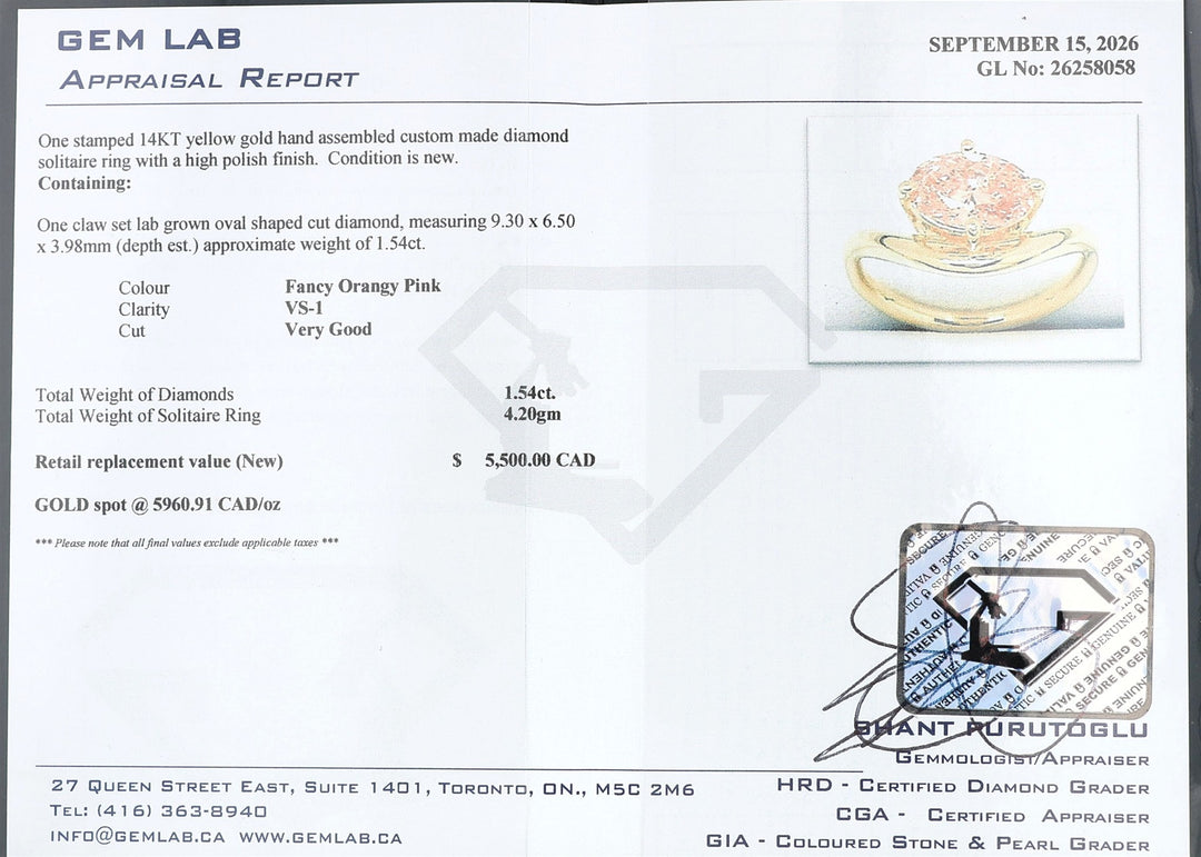 HARMONY CUSTOM 14KT Yellow Gold 1.54ct Lab Grown Fancy Orangy Pink Oval Cut Solitaire Diamond Ring