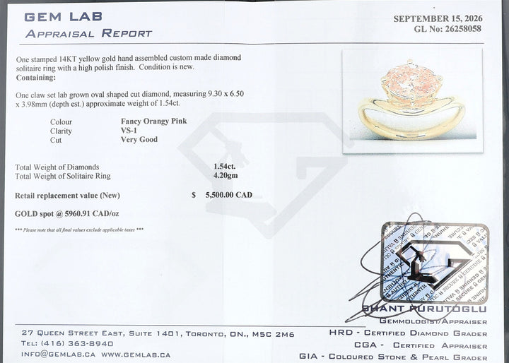 HARMONY CUSTOM 14KT Yellow Gold 1.54ct Lab Grown Fancy Orangy Pink Oval Cut Solitaire Diamond Ring