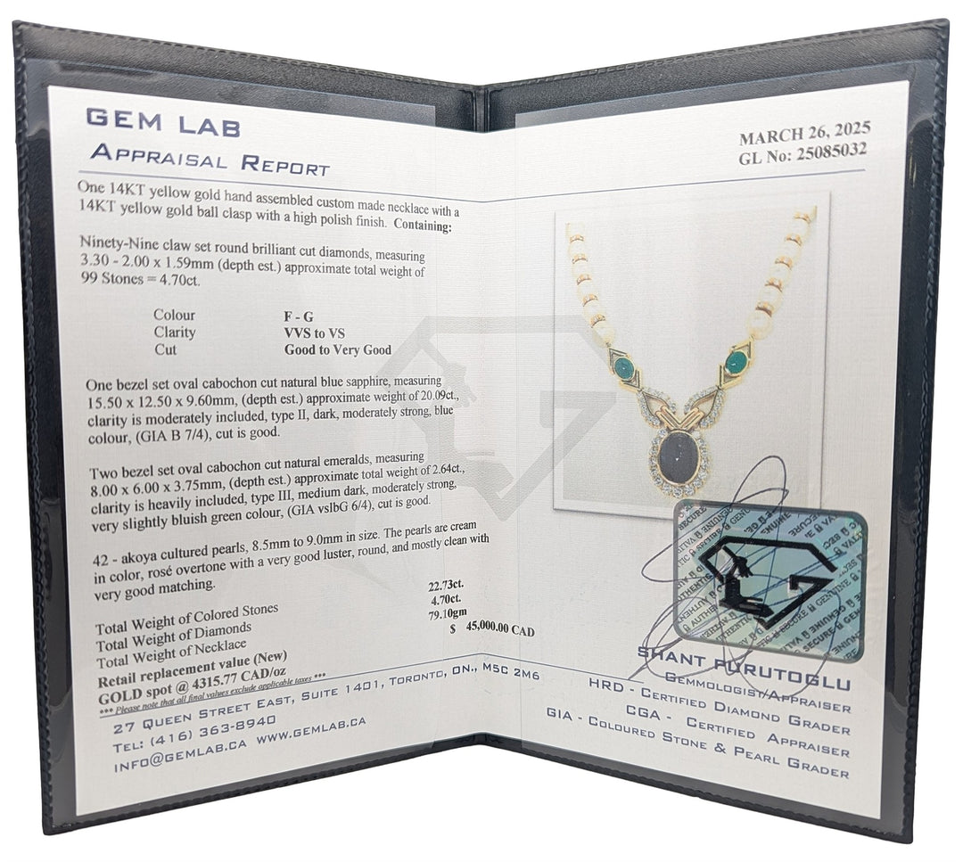 14KT Yellow Gold Nautral Blue Sapphire, Emerald, Pearl and 4.70ctw Diamond Estate Necklace