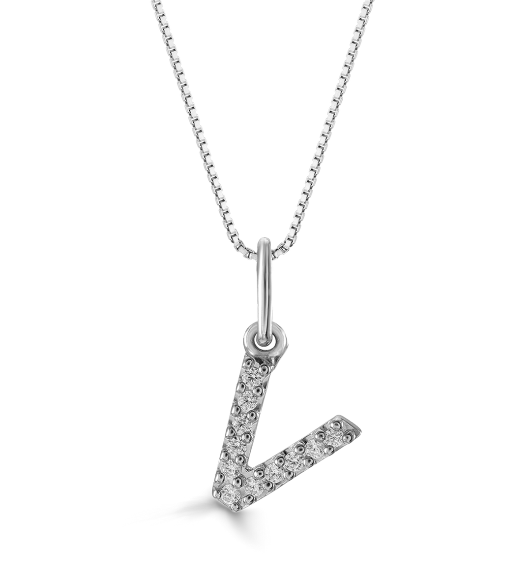 10KT White Gold 0.04ctw Diamond "V" Initial Necklace