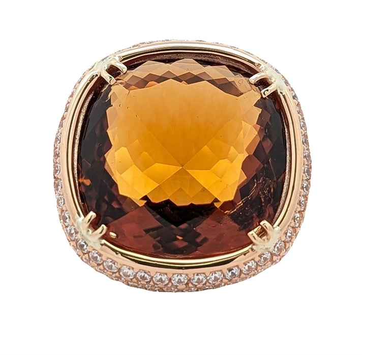 18KT Yellow Gold Natural Citrine and CZ Estate Cocktail Ring