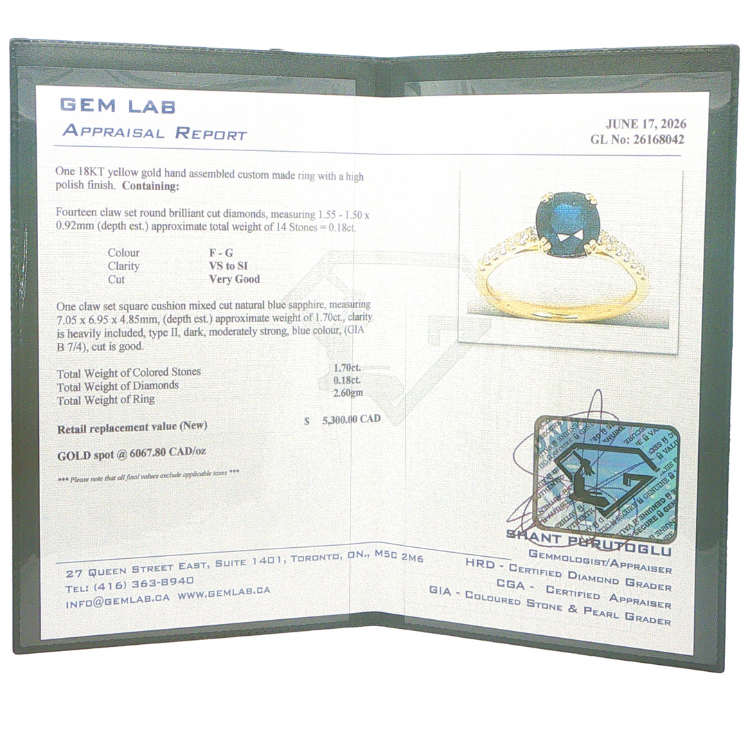 18KT Yellow Gold 1.70ct Sapphire and 0.18cttw Diamond Ring