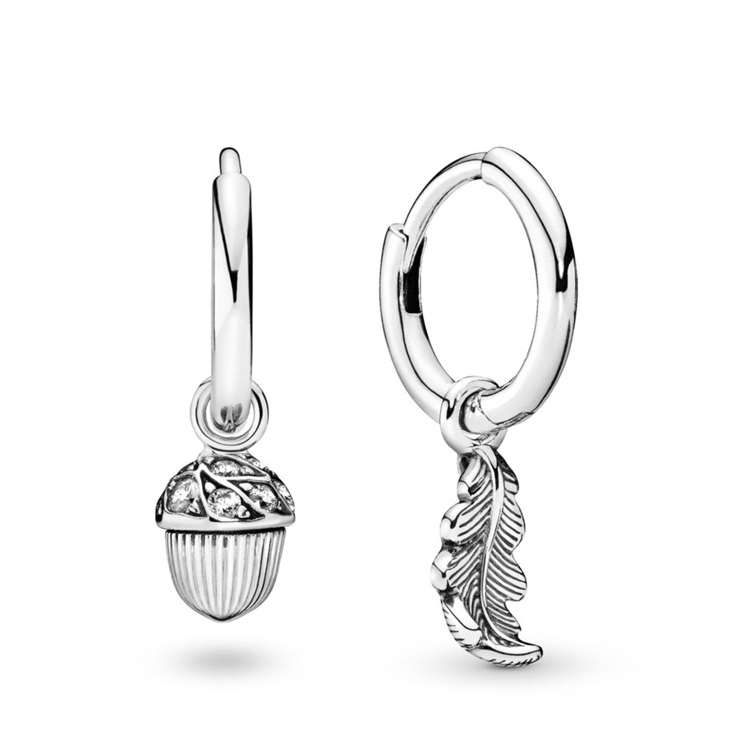 Acorn and leaf sterling silver hoop earrings with clear CZ