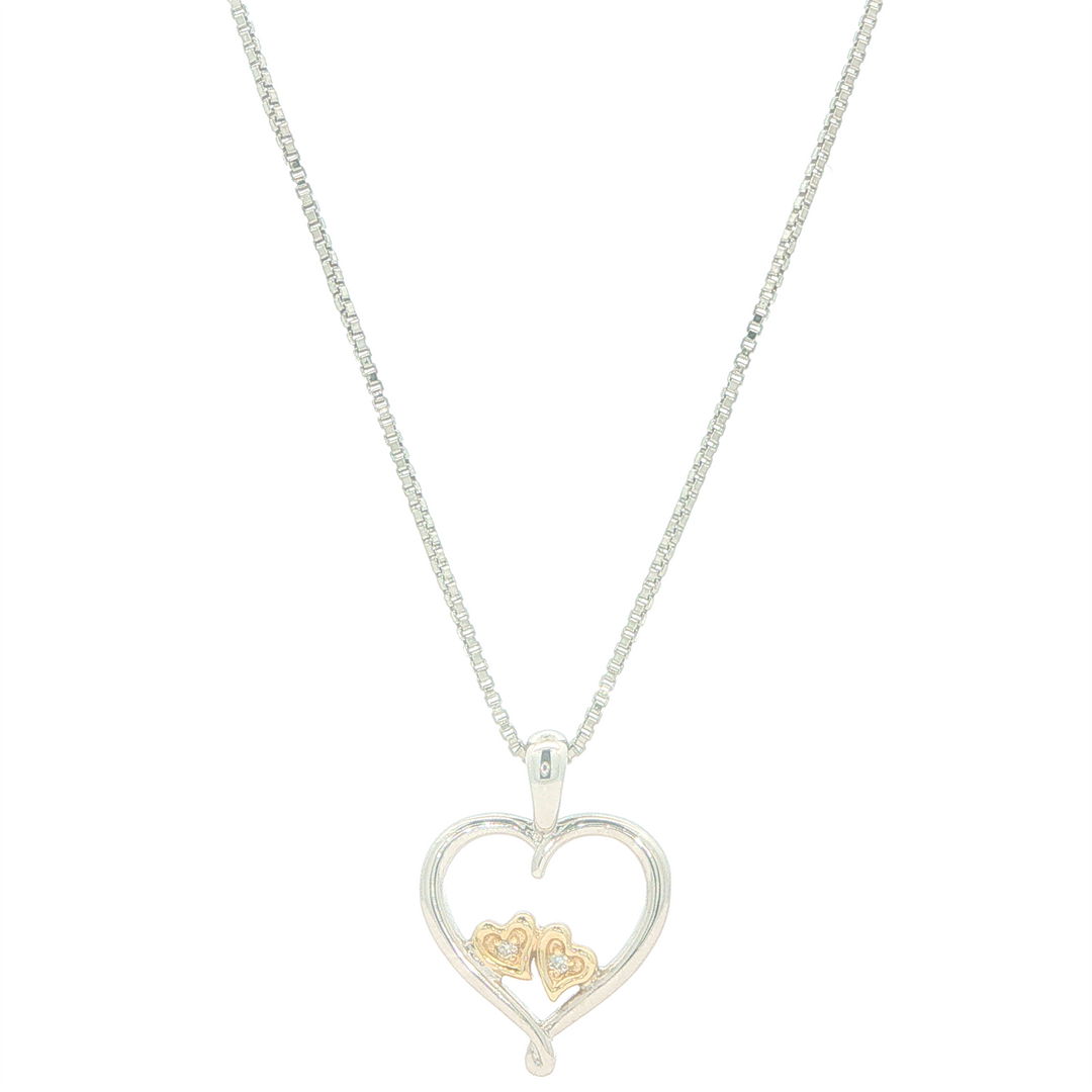 10K Yellow Gold & Sterling Silver Double Inside Heart 0.01cttw Diamond Pendant Necklace 18"
