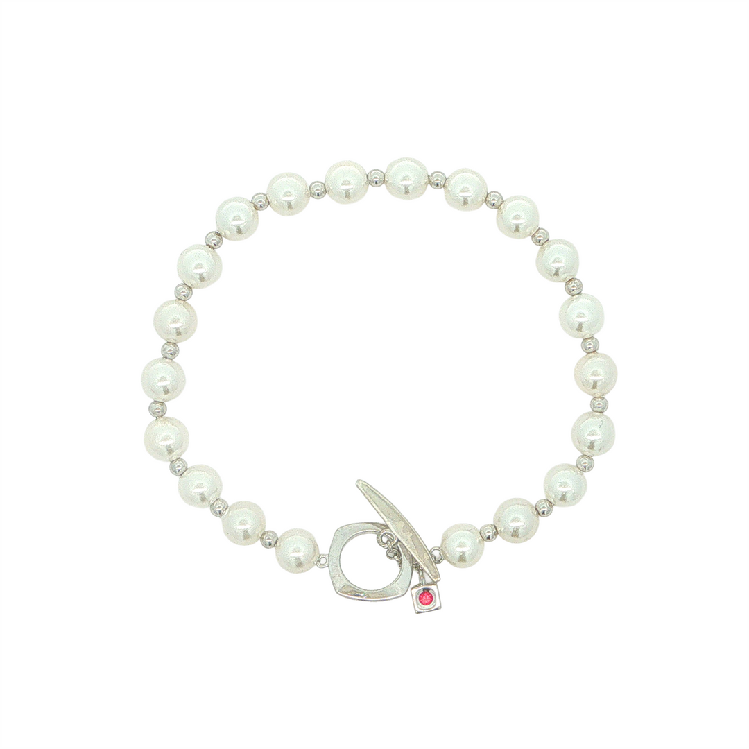 ELLE Sterling Silver Rhodium Plated "Gem Clip" Shell Pearl Toggle Bracelet 7.25"