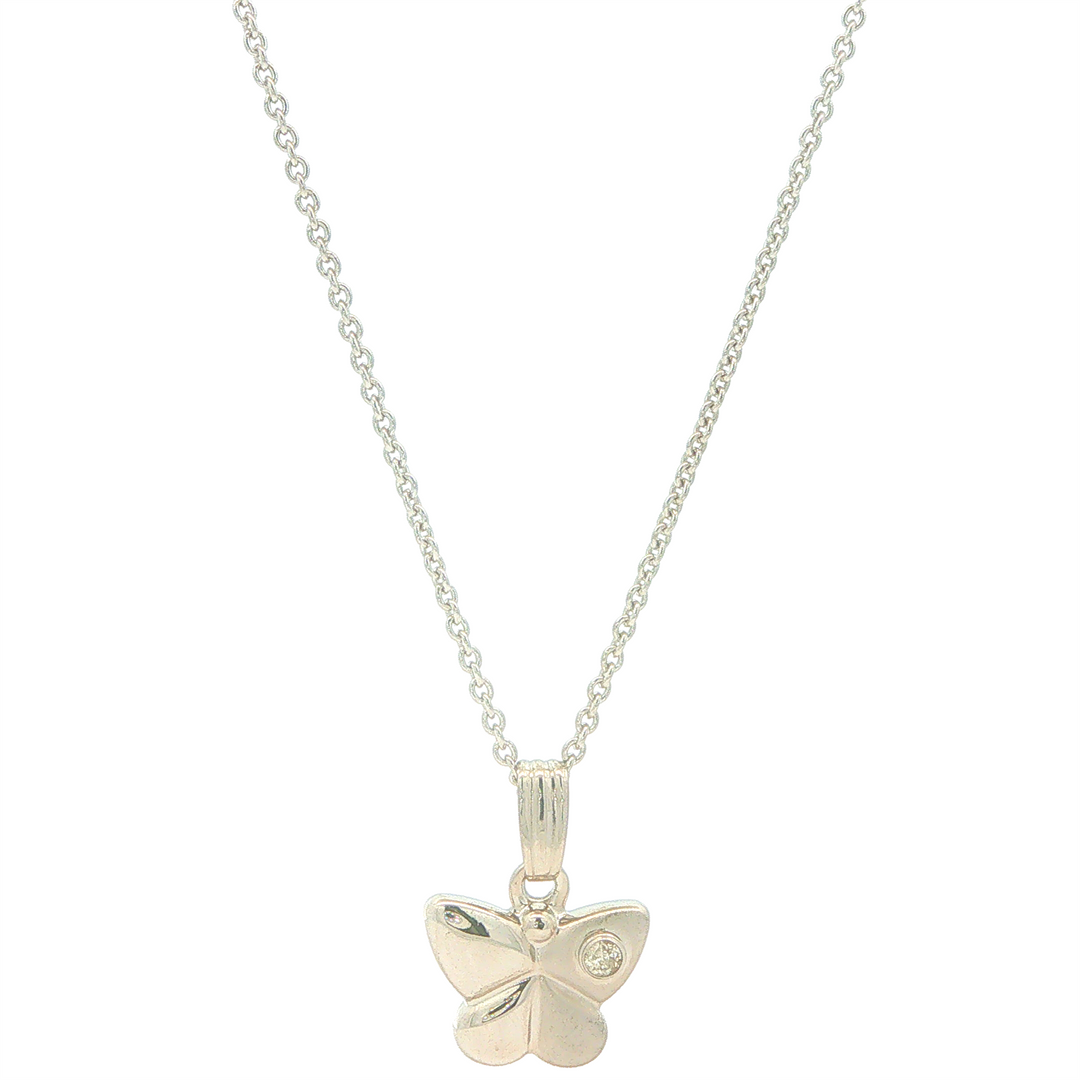 Sterling Silver 0.02ctw Diamond Domed Butterfly Children's Pendant on 15" Chain