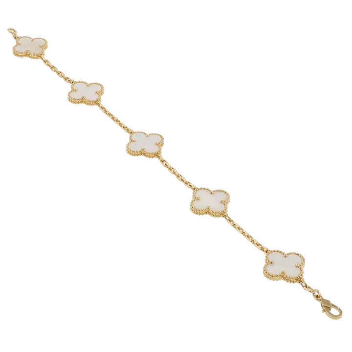 18KT Yellow Gold "Van Cleef & Arpels" Vintage Alhambra Mother of Pearl Clover Bracelet 7.5"