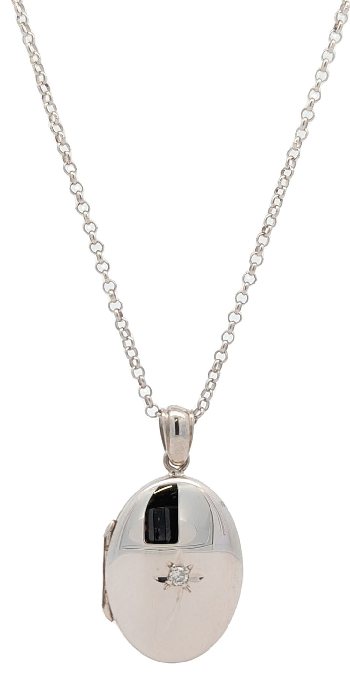 Sterling Silver Oval Locket Diamond 18" Necklace