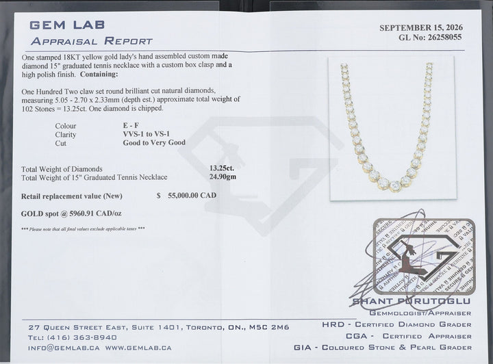 18KT Yellow Gold 13.25ctw Diamond Graduated Tennis Estate Necklace 15"
