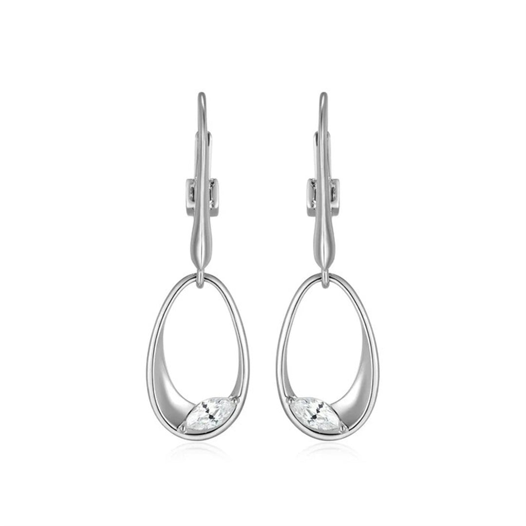 ELLE Sterling Silver Rhodium Plated "Wink" Sculpted Oval Leverback Earrings with Cubic Zirconia
