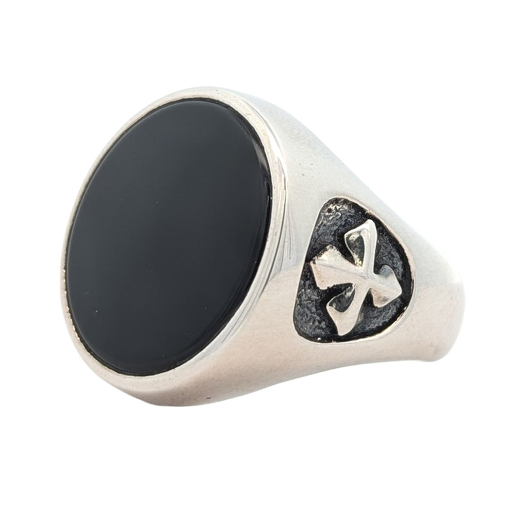 King Baby - Round Onyx Signet Ring w/ MB Cross Detail