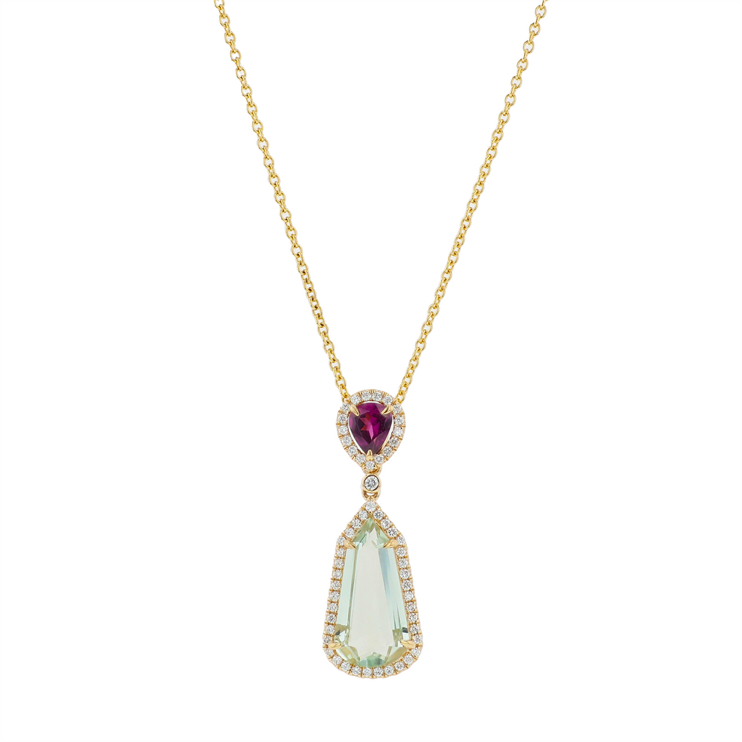 BELLARRI 14KT Yellow Gold Praisiolite, Rhodolite and 0.21ctw Diamond Pendant on Cable Link Chain18"