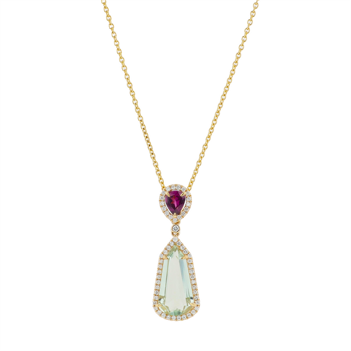 BELLARRI 14KT Yellow Gold Praisiolite, Rhodolite and 0.21ctw Diamond Pendant on Cable Link Chain18"