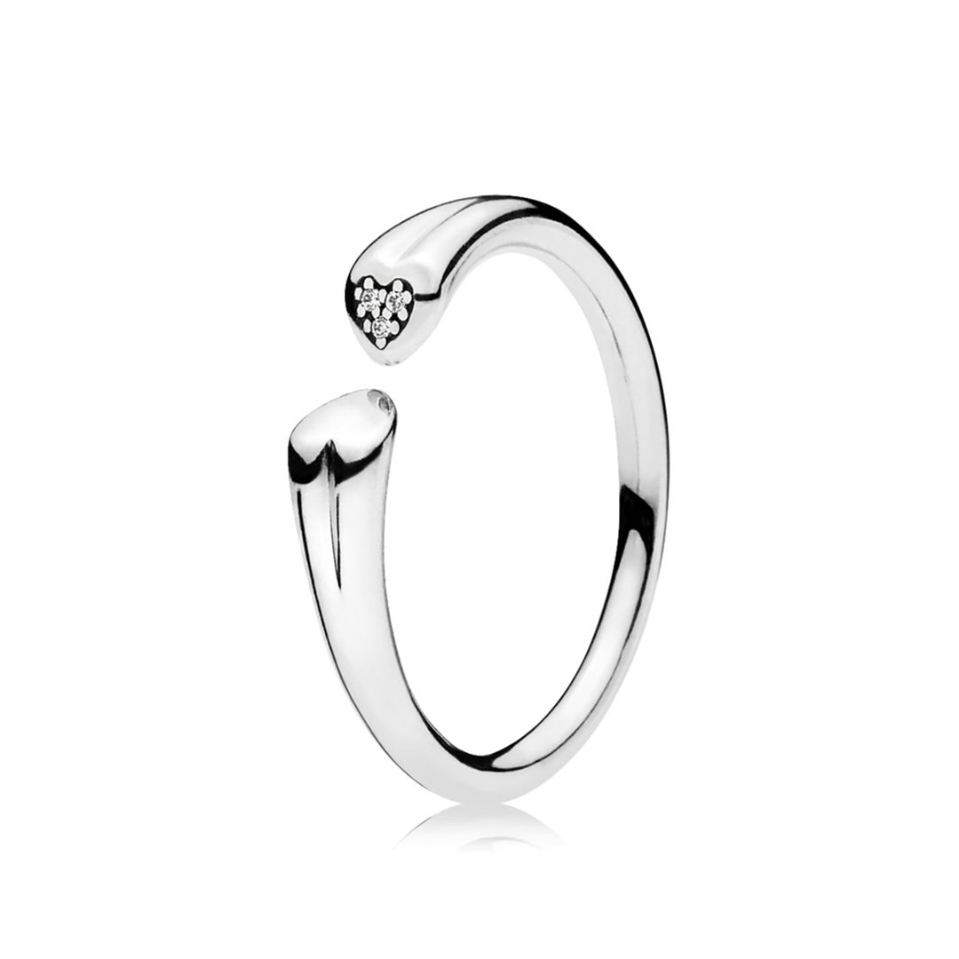 Two hearts open ring in sterling silver with 3 micro bead-set clear CZ