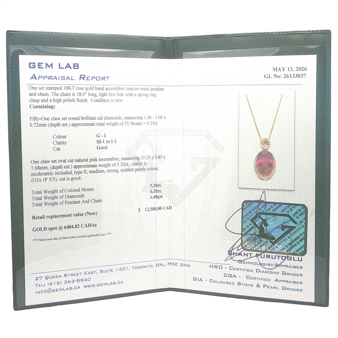 18KT Rose Gold 5.20ct Pink Tourmaline and 0.35cttw diamond Estate Pendant and Box Link Chain 18"