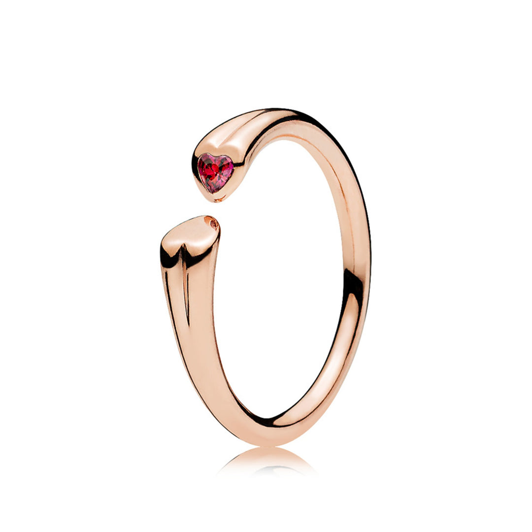 Two hearts open ring in PANDORA Rose with 1 flush-set heart-shaped step dome-cut red CZ
