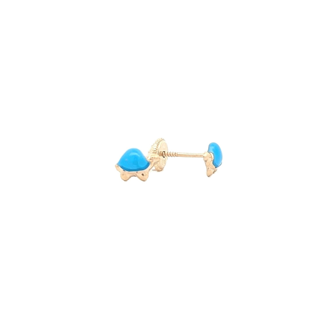 10KT Yellow Gold Blue Enamel Turtle Children's Stud Earrings