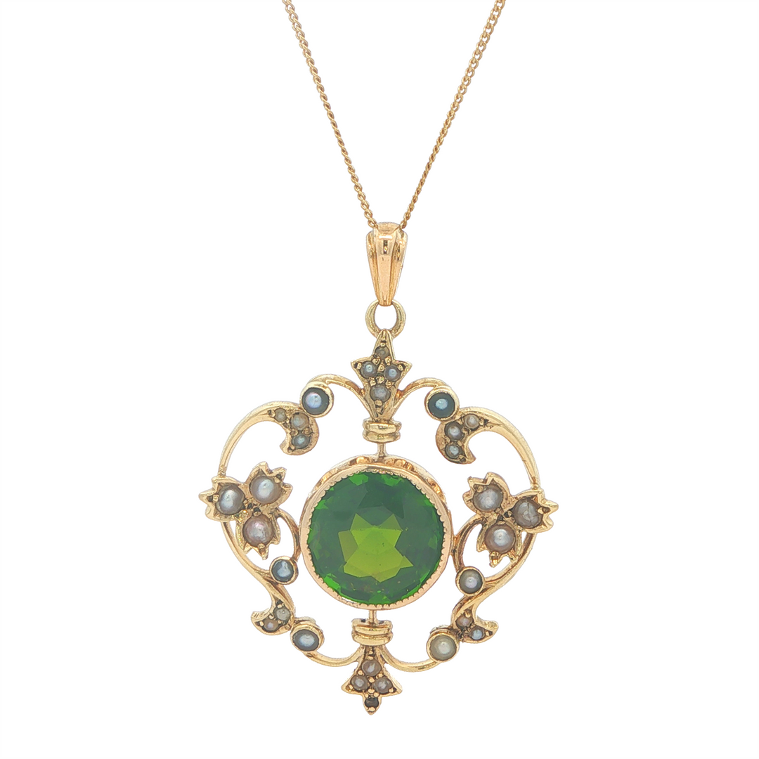 14KT Yellow Gold Vintage Styled 6.29ct Doublet and Pearl Estate Pendant with 17" Curb Link Chain