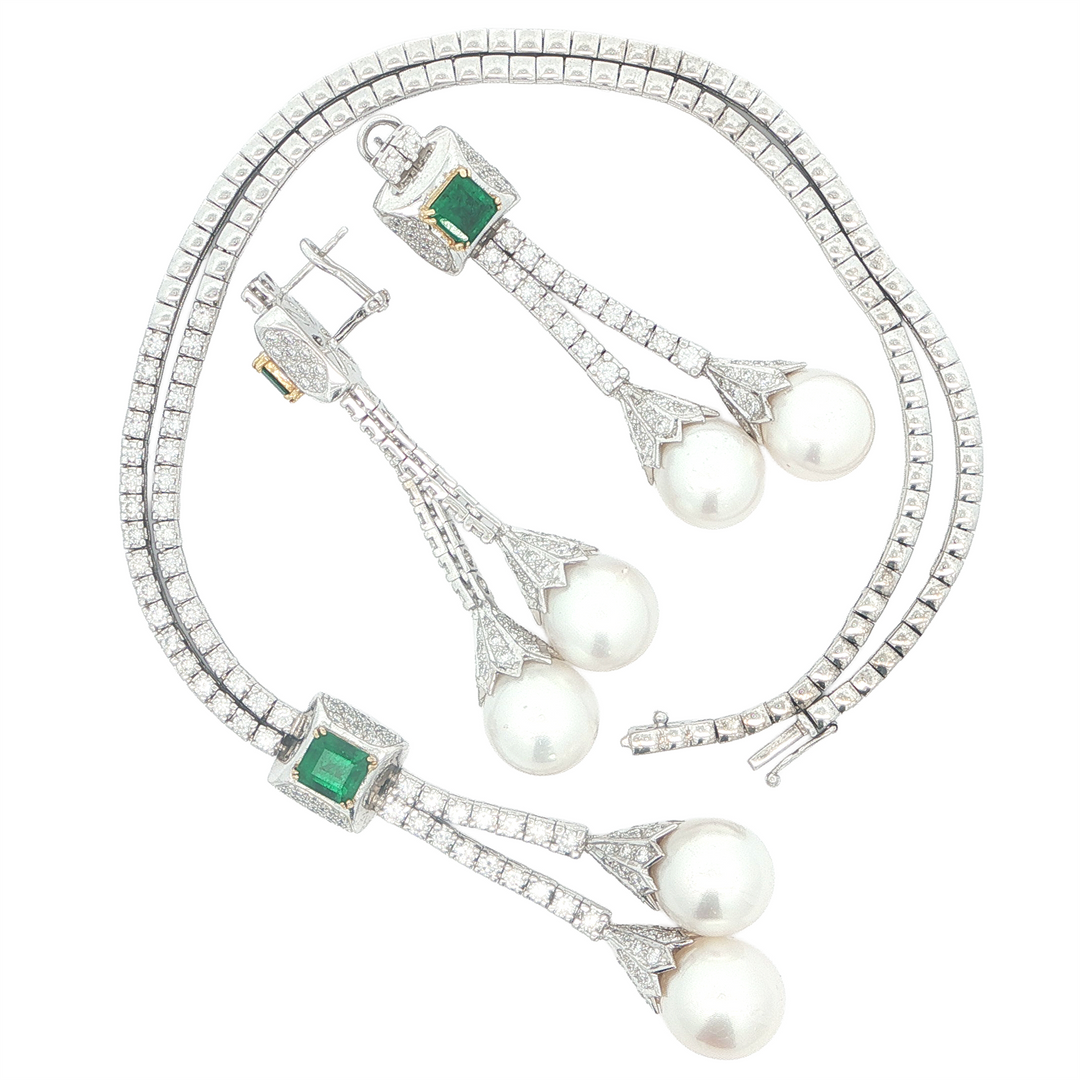 18KT Two-tone Gold Necklace and Matching Earrings Featuring Diamonds, Pearls and Emeralds