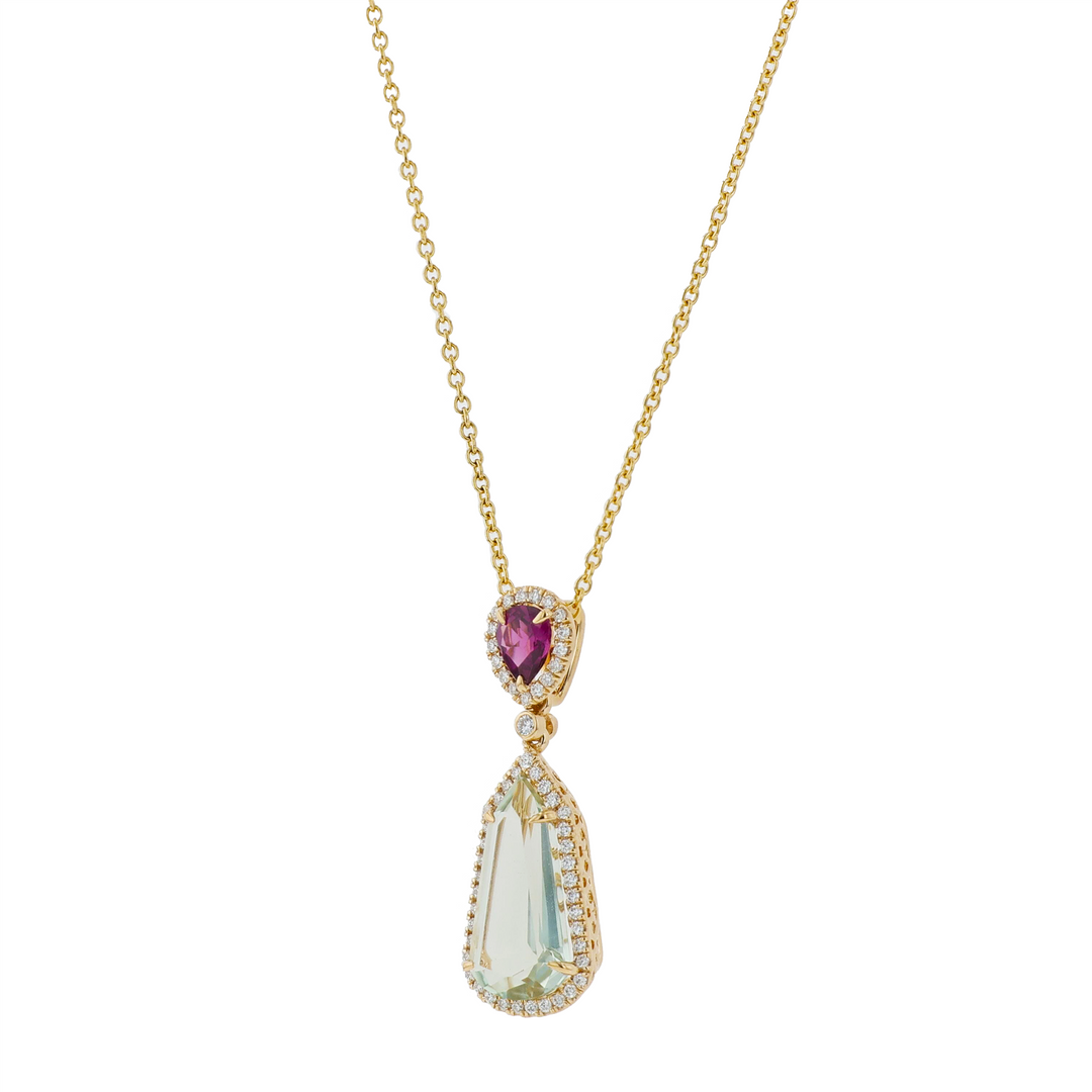 BELLARRI 14KT Yellow Gold Praisiolite, Rhodolite and 0.21ctw Diamond Pendant on Cable Link Chain18"