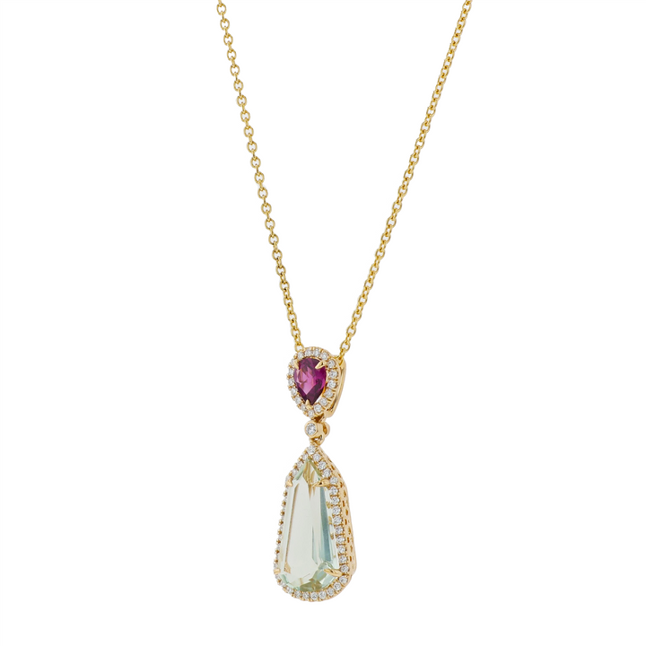 BELLARRI 14KT Yellow Gold Praisiolite, Rhodolite and 0.21ctw Diamond Pendant on Cable Link Chain18"