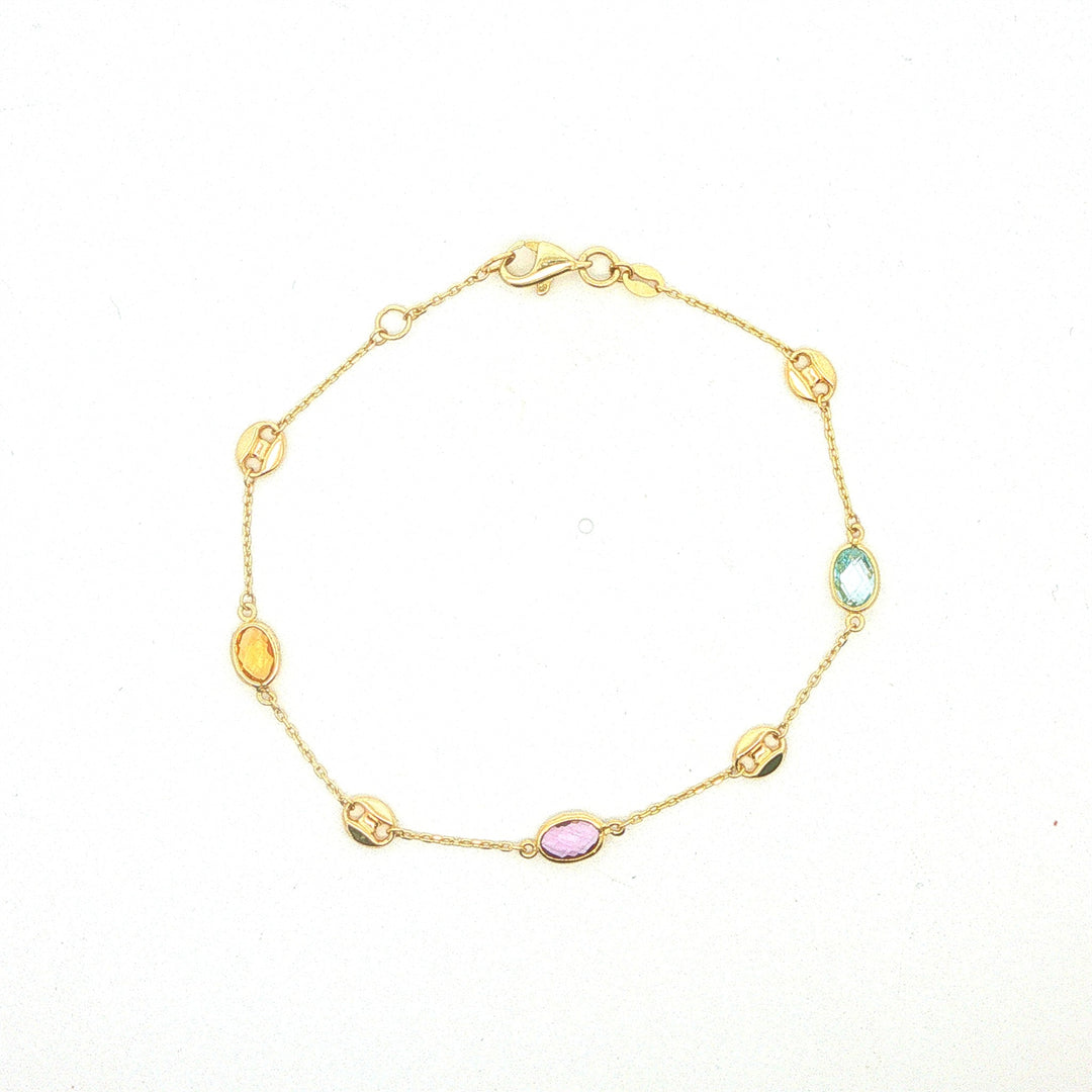 10KT Yellow Gold Blue Topaz, Citrine and Amethyst Station Bracelet 7.5"
