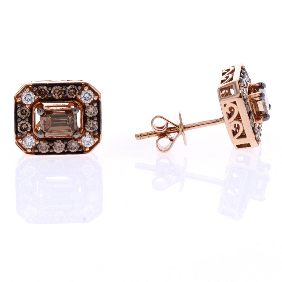 14KT Rose Gold 1.11ctw Brown and White Diamond Stud Earrings
