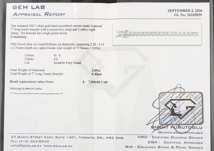 14KT White Gold 2.05ctw Diamond Tennis Bracelet 7"