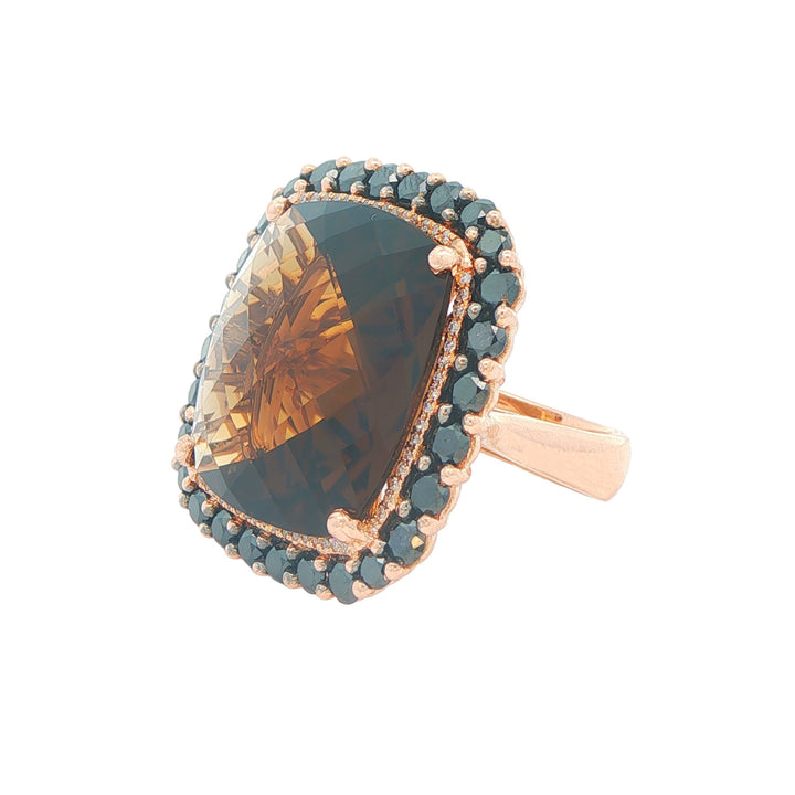 18K Rose Gold Smoky Quartz 2.65ctw Black Diamond Estate Cocktail Ring