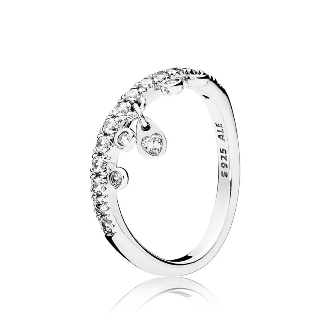 Chandelier ring in sterling silver with 4 bezel-set, 14 bead-set clear CZ and 1 flush-set heart-shaped clear CZ