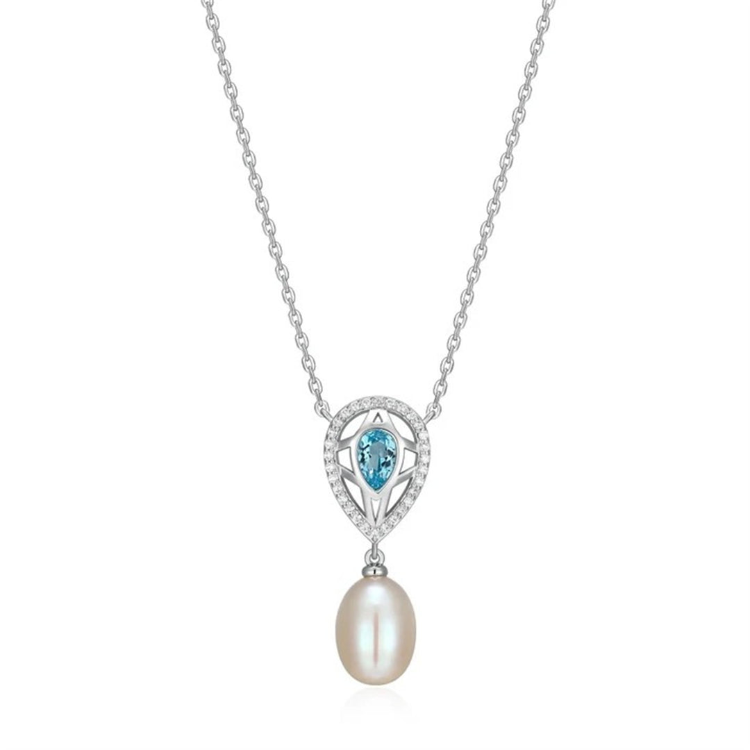 ELLE Sterling Silver "Cosmos" Pearl Meet Gem Blue Topaz & Freshwater Pearl Necklace 17 + 3"