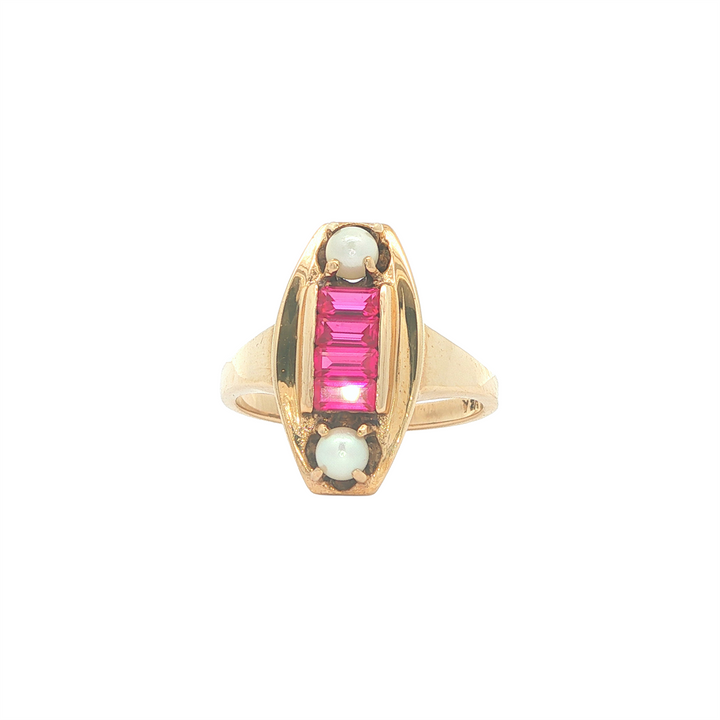 10K Yellow Gold Synthetic Ruby Natural Pearl Estate Ring