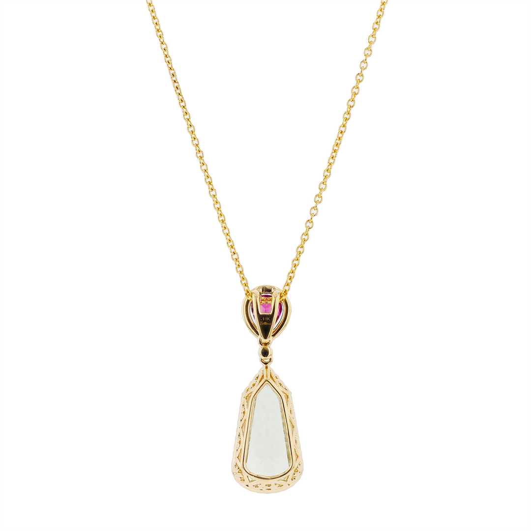 BELLARRI 14KT Yellow Gold Praisiolite, Rhodolite and 0.21ctw Diamond Pendant on Cable Link Chain18"